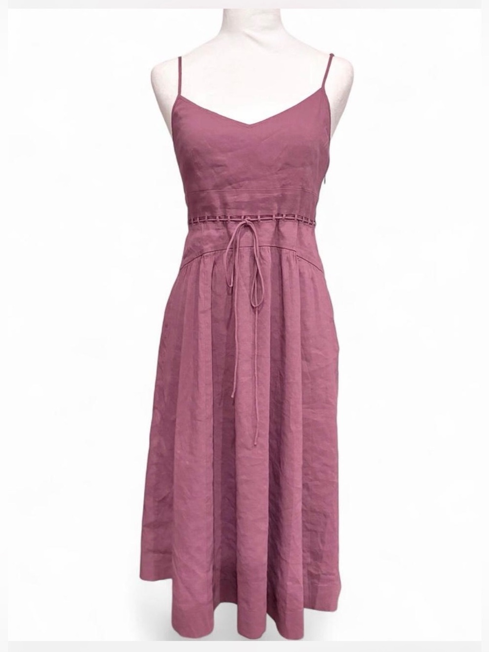 Theory Linen Blend Midi Dress, Tie Waist, Adjustable Spaghetti Straps, Size 6